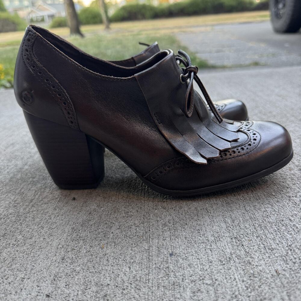 Born Brown Leather Kiltie Lace Up Pumps Womens 8.5 Block Heel Comfort Oxford